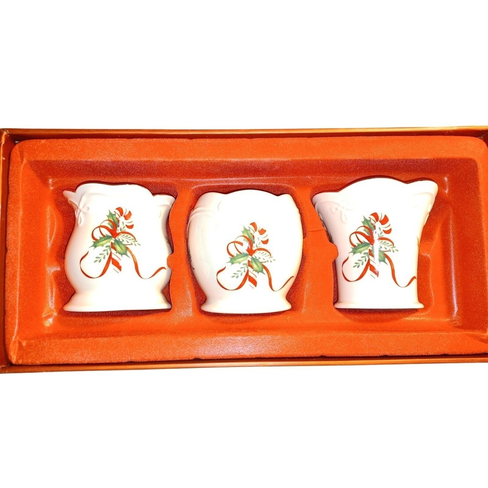 Lenox Holiday Candy Cane Votive Candle Holder Set 3‎ Ivory Gold Trim Fine China